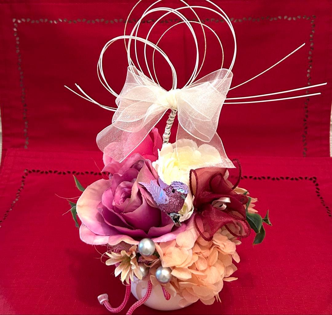 «846»◤完売◢♥️感謝祭♥️フラワーオブジェ*薔薇*紫陽花*小鳥*パープル