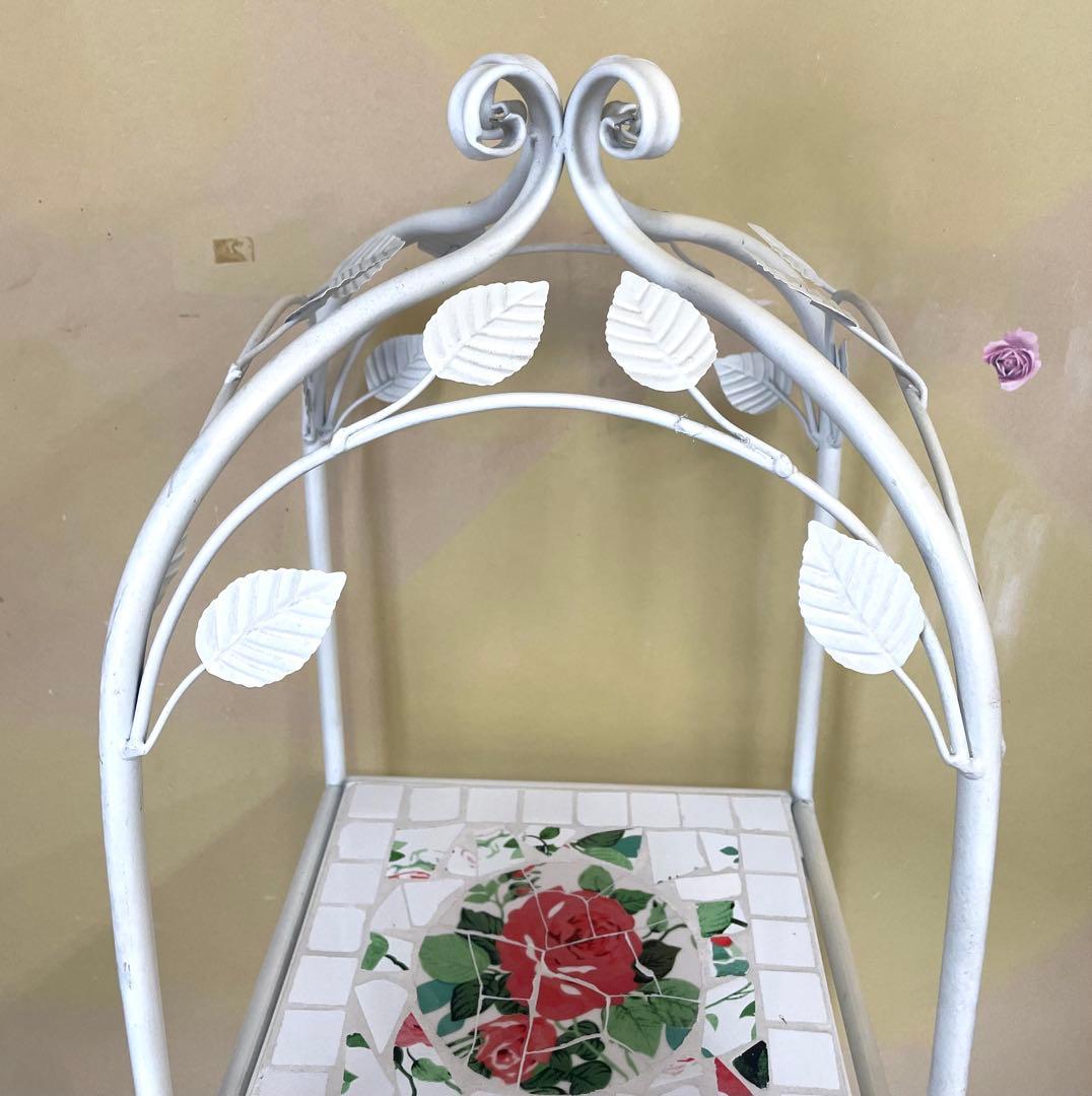 花柄タイル張り ガーデンラック ホワイト4段ラック 薔薇 美品