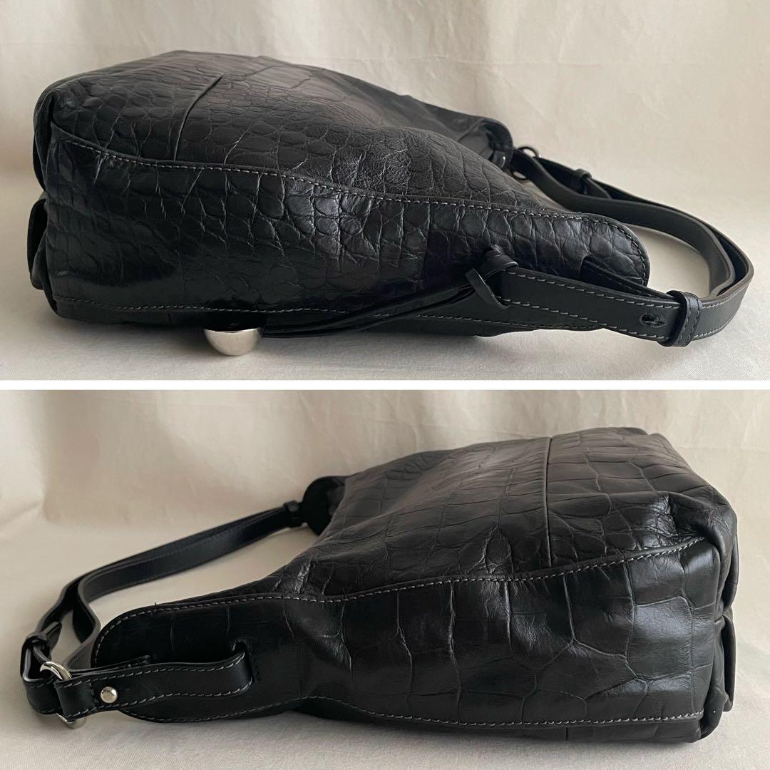 【美品】FURLA 2way ショルダーバッグ 黒 本革 クロコ型押 A4収納可