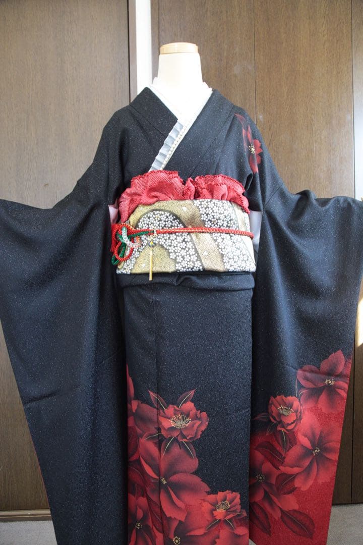 振袖フルセット 美品　黒と赤 モダン クール