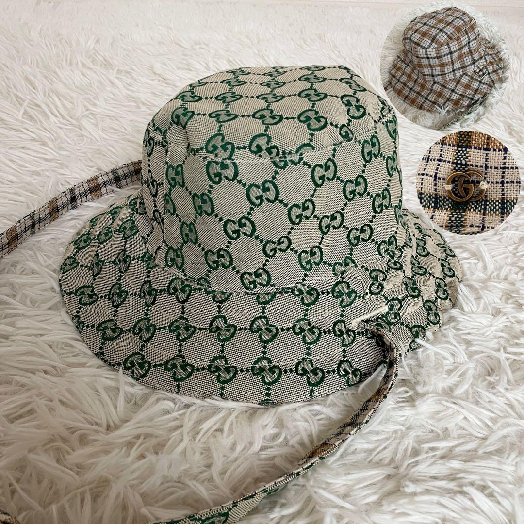未使用級　グッチ　バケットハット　リバーシブル　GG　マーモント金具　ベージュ