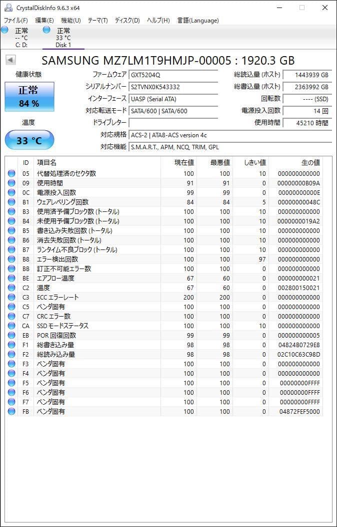 ②-WA91-SAMSUNG SATA 1.92TB 2.5インチ SSD 1点