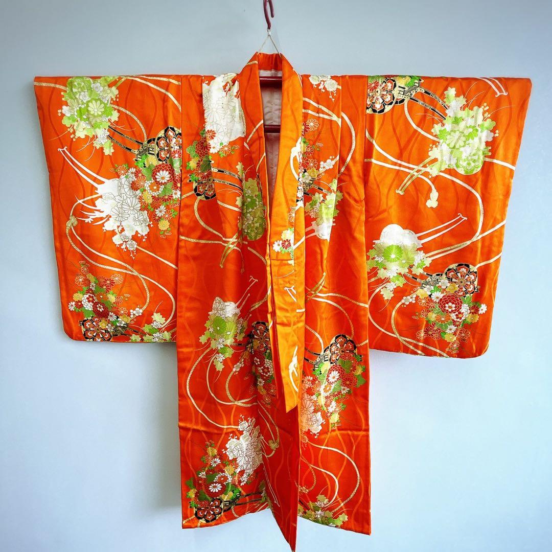 七五三 3歳 きもの着物 被布セット オレンジ×白系　小物セット