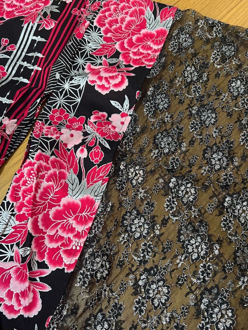 浴衣ドレス　④赤ピンク×黒シルバーレース　地雷系　量産型　y2k　平成